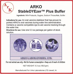 Image of ARKO StableDYEzer Plus Buffer label. Text has Indications for user and directions for use.