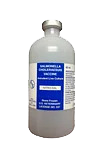 Tall plastic bottle with bright blue label for Nitro-Sal swine vaccine.