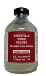 Glass bottle with red label for Snick Guard poultry vaccine.