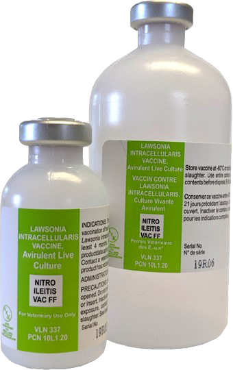 Two size bottles of Nitro-Ileitis FF Swine Vaccine